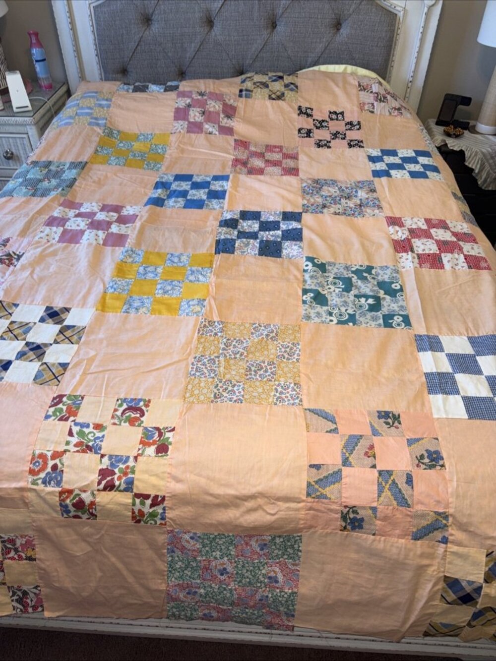 Vintage Handmade Patchwork Quilt topper Peach & Floral Patterns Full/Queen